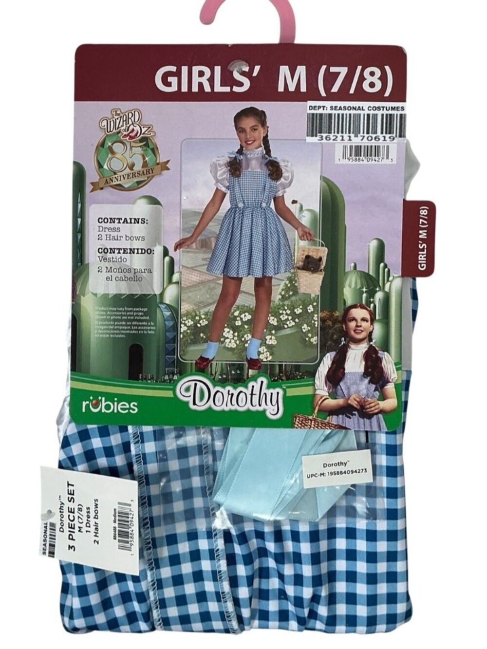 Wizard of Oz Dorothy Costume Dress Blue White Gingham Hair Bows Girls Medium 7-8 - Picture 7 of 16